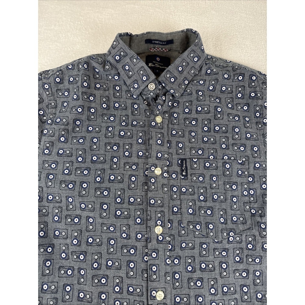 Ben Sherman Blue Red White Cassette Tape Short Sleeve Stretch Fit Shirt Small